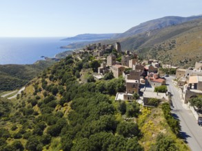 Drone shot, Vathia, Ithylo, Anatoliki Mani, Mani, Lakonia, Peloponnese, Greece, Europe