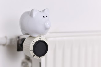 Concept for saving money for gas for heating with piggy bank on radiator with copy space