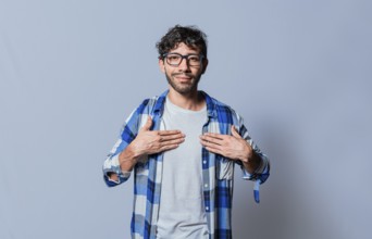 Smiling person gesturing the word HAPPINESS in sign language, Interpreter man gesturing the