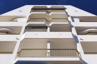 Modern flats with balcony, blue sky, view from below, Águilas, Costa Cálida, Region of Murcia,