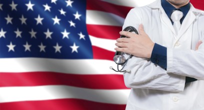 Doctor with stethoscope on American flag. Doctor with arms crossed on American flag, Health and