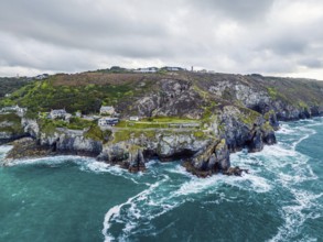 St Agnes Beach and cliffs from a drone, Saint Agnes, Cornwall, England, United Kingdom, Europe