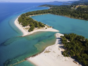 Aerial view, lagoon, beach and harbour, Glarokavos, Pallini, Kassandra Peninsula, Chalkidiki,