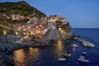 Fishing village of Manarola, blue hour, blue hour, district of Riomaggiore, Cinque Terre, province