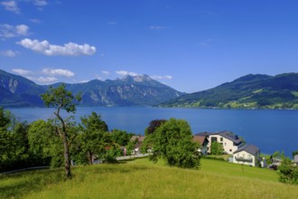 Steinbach am Attersee with Schafberg, Salzkammergut, Upper Austria, Austria, Europe