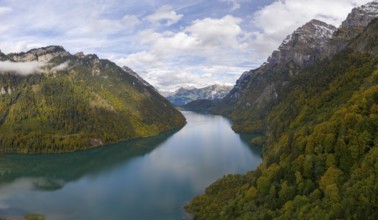 Aerial view over Lake Klöntal in autumn, Klöntal, Canton Glarus, Switzerland, Europe