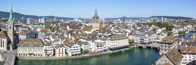 Zurich skyline from above with river Limmat panorama in Zurich, Switzerland, Europe