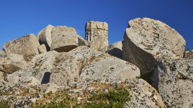 Super wide angle shot, column remains, blue sky, Temple G, Zeus Temple, Selinunte, Archaeological