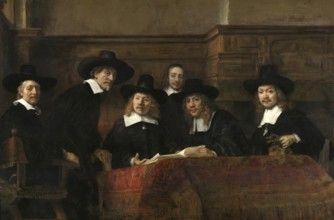 The members of the Amsterdam clothiers' guild known as the Syndics, painting by Rembrandt van Rijn