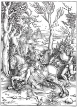 Knight and Landsknecht, woodcut by Albrecht Dürer, historical, digitally improved reproduction of