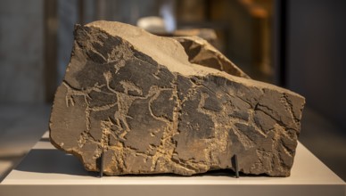 Ancient stone engravings, interior view, exhibition in the State History Museum, Bishkek,