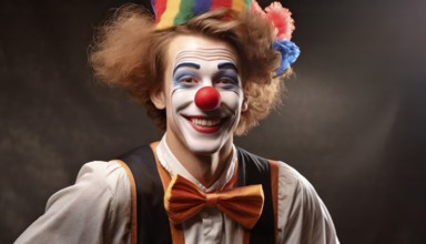 A clown in mask, red nose and costume, AI generated, AI generated