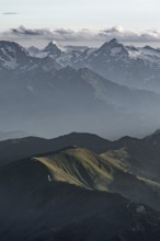 Evening mood, silhouettes, dramatic mountain landscape, view from Hochkönig, Salzburger Land,