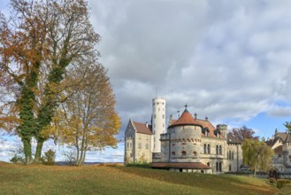 Lichtenstein Castle, a historicist building in neo-Gothic style, above the village of Honau,