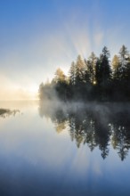 Sunrise over the mirror-smooth mire lake Étang de la Gruère in the canton of Jura, Switzerland,