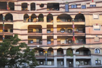 Facade with balconies of the Waldspirale, floors, balcony, window, colourful, Darmstadt,