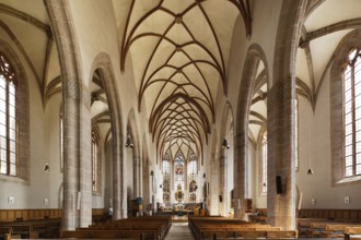 Nave and altar of St. Johannis Church, 15th century Gothic, Evangelical Lutheran parish church,