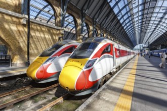 Azuma express trains of the London North Eastern Railway LNER at King's Cross station in London,