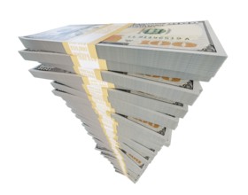 Tall stack of one million dollars in one hundred dollar bills isolated on a white background