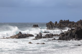 Lava rocks in the sea, surf, near Los Hervideros, Lanzarote, Canary Islands, Spain, Europe