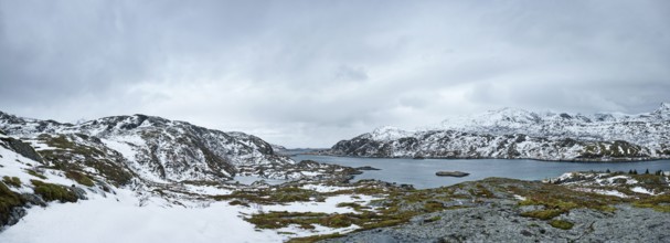 Panorama of norwegian fjord in winter, Lofoten islands, Norway, Europe