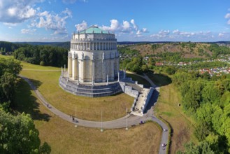 Aerial view, monument Befreiungshalle Kehlheim, round hall with dome, 45 m high, 29 m diameter,