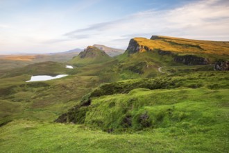 View of rocky landscape Quiraing, Trotternish Ridge, Highlands, Isle of Skye, Inner Hebrides,