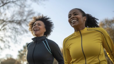 Happy african american female friends enjoying a healthy run in the park together. generative AI