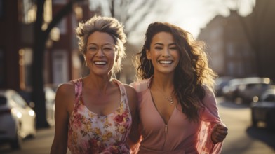 Happy Mixed-race female friends enjoying a healthy run in the park together. generative AI