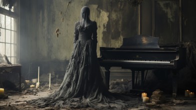 Mysterious and spooky female figure covered in sheer garment standing next to an old dusty piano in