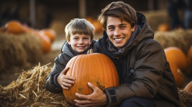 Happy young brothers showing off their large ripe fall pumpkin at the pumpkin patch, generative AI