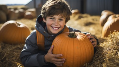 Happy young boy showing off his large ripe fall pumpkin at the pumpkin patch, generative AI