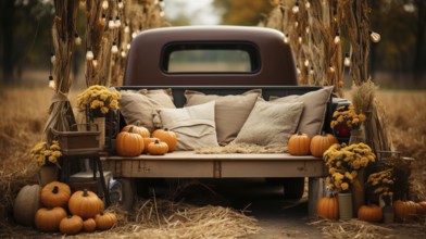 Vintage truck bed filled with fall themed decorations and pillows, generative AI