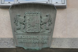 Coat of arms at the government of Lower Franconia, lion figures, bronze, Würzburg, Lower Franconia,