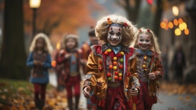 Cute little children dressed up as clowns for halloween walking down the sidewalk together,