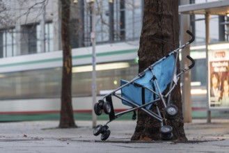 Buggy leaning against a tree, pram, Magdeburg, Saxony-Anhalt, Germany, Europe