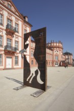 Horse figure in metal plate at Biebrich Castle, number, 75, hole, rusty, standing, looking through,