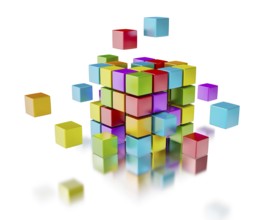 Business team teamwork collaboration concept, colorful color cubes assembling into cubic structure