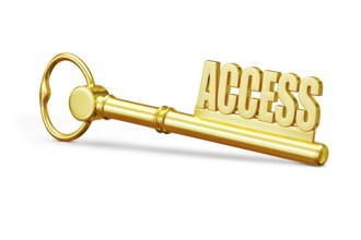 Access concept, golden access key made of gold isolated on white background