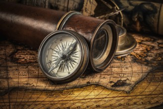 Travel geography navigation concept background, old vintage retro compass with sundial, spyglass