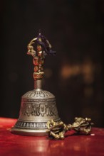 Tibetan Buddhist ritual objects still life, vajra and bell. Hemis gompa, Ladakh, India, Asia