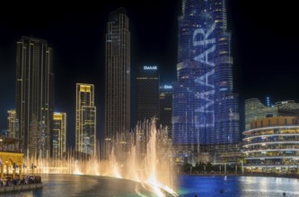 Night shot, water feature in Burj Khalifa Lake, Burk Khalifa, Downtown, Dubai, United Arab