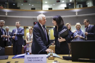 (R-L) Annalena Bärbock, Federal Minister for Foreign Affairs, recorded in conversation with Josep