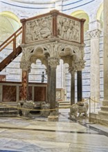 Marble pulpit with Nativity of Jesus and Adoration of the Magi, sculptor Nicola Pisano, 1259-60,