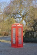 Historic red telephone box, historic, red, windows, fogged, Heusenstamm, Hesse, Germany, Europe