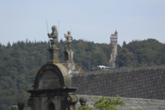 View of Kaiser Wilhelm Tower or Spiegelslust Tower and blurred figures on the roof, Spiegelslust,