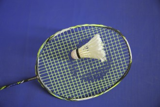 Badminton racket with shuttlecock, sport, badminton, sports equipment, racket, blue, white, studio