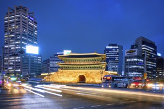 Seoul, South Korea, April 1, 2016 : Namdaemun Gate Sungnyemun at night with city traffic, Seoul,