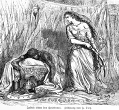 Widow Judith kills the victorious Assyrian commander Holofernes, room, curtain, table, sword,