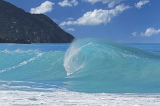 Big wave breaking on the beach at Josiah's Bay, surfing paradise on the island Tortola, British